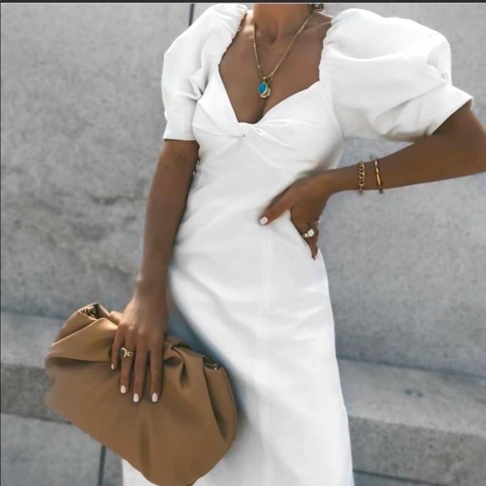 Zara Ivory Knot Rustic Puff Sleeve Midi Dress, NWT, sold out! linen blend. Med